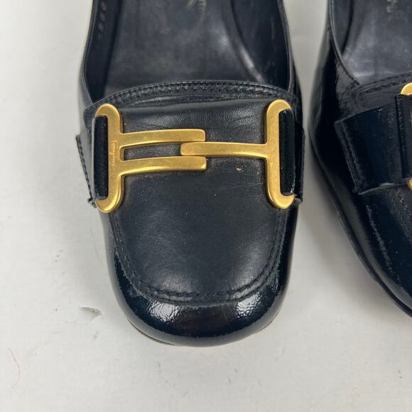 Ferragamo Leather Pumps Black Square Toe Heels Gold-Tone Horsebit Loafers 6.5 - Picture 3 of 10